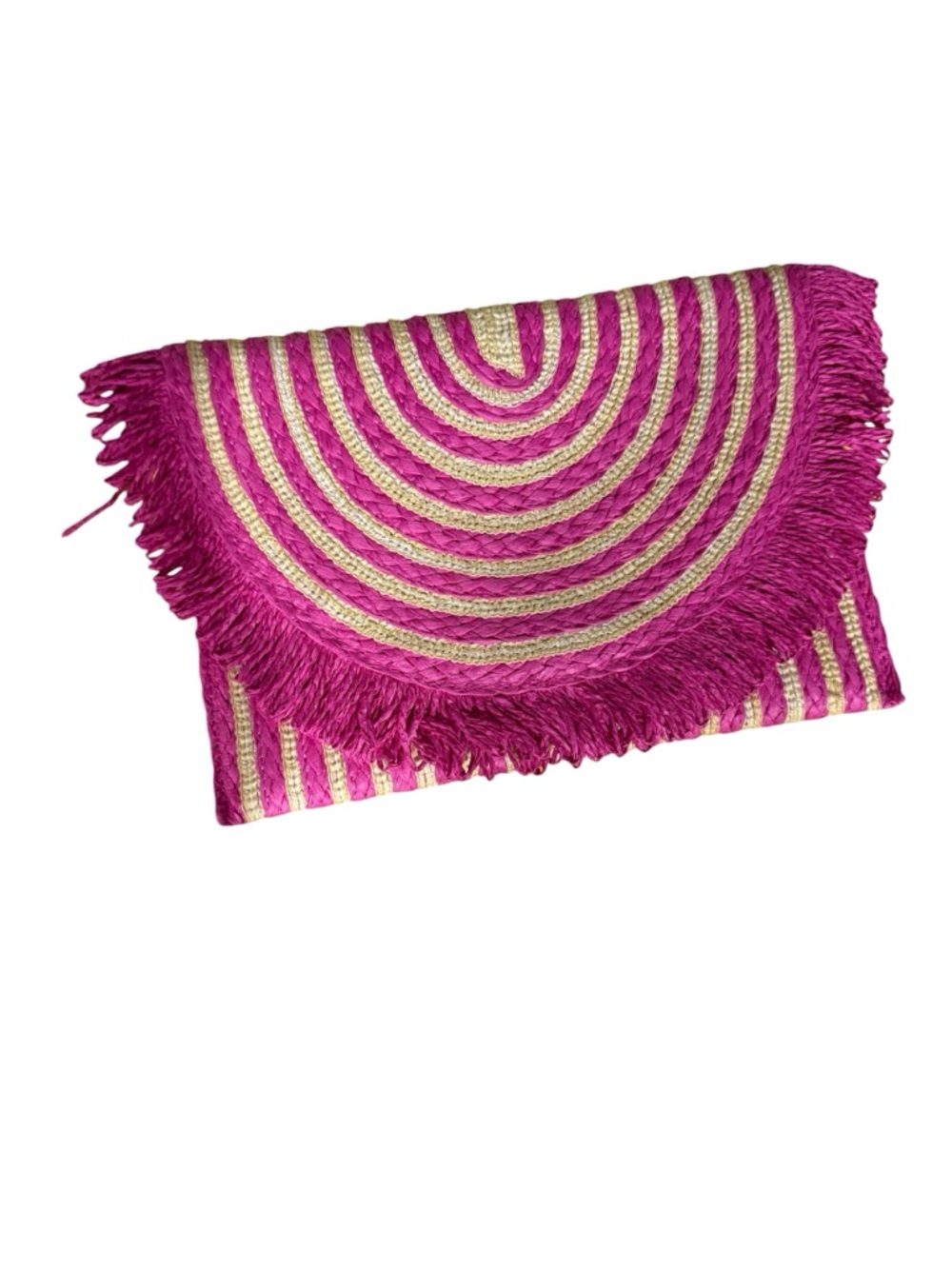 Pink Fringe Straw Clutch Bag